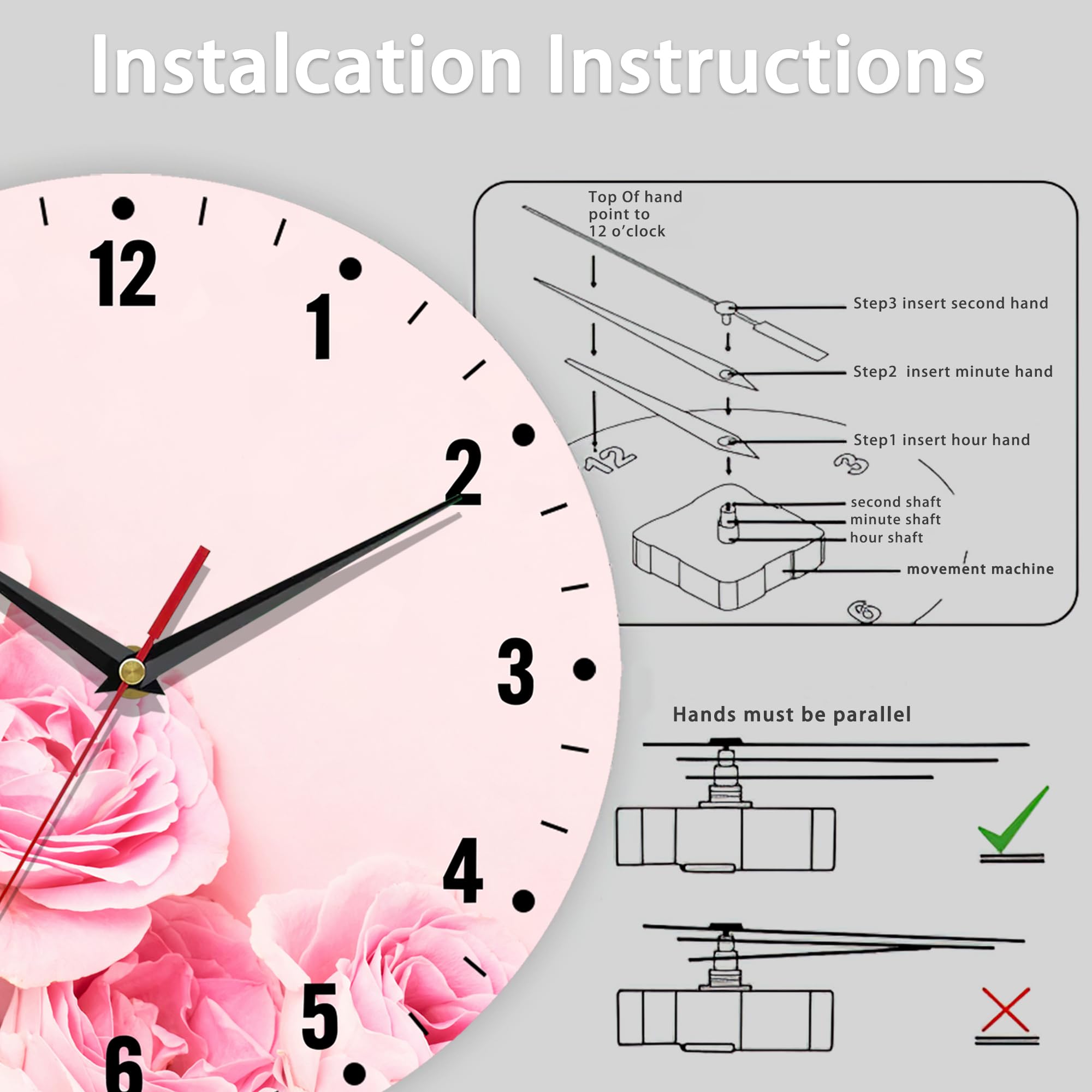 Amazon.com: SPUNKER Wall Clock,Pink Roses Flowers Wall Clocks for
